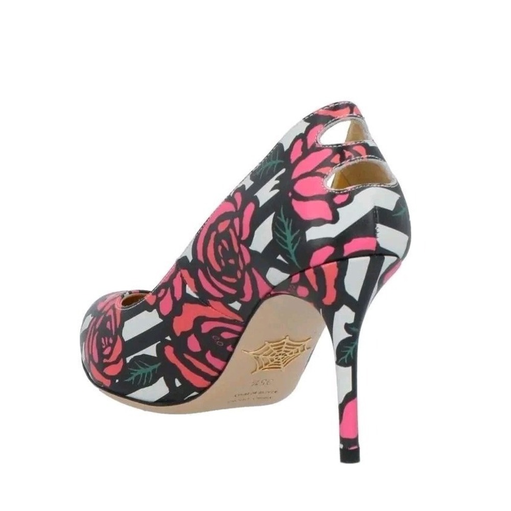 Charlotte Olympia Womens Leather Pumps Red High Heels Rose Print 5.5 New in Box!
